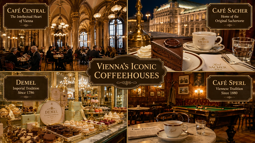Exploring Vienna's rich heritage through its iconic coffeehouses: Café Central's intellectual hub, Café Sacher's famous Sachertorte, Demel's imperial tradition since 1786, and Café Sperl's Viennese charm since 1880.