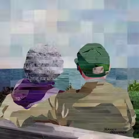 Older couple on a bench looking out at ocean view.