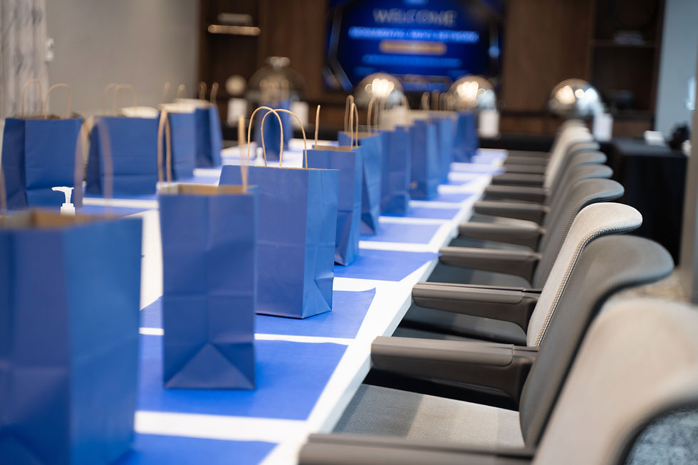 Eye-level view of a conference room set up for a leadership workshop