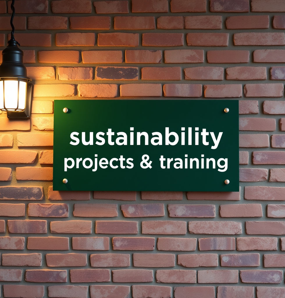 a green well lit brick wall with a sign saying sustainability projects & training.jpg