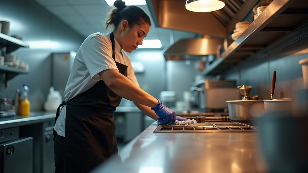 Eye-level view of a professional cleaner using equipment in a restaurant kitchen