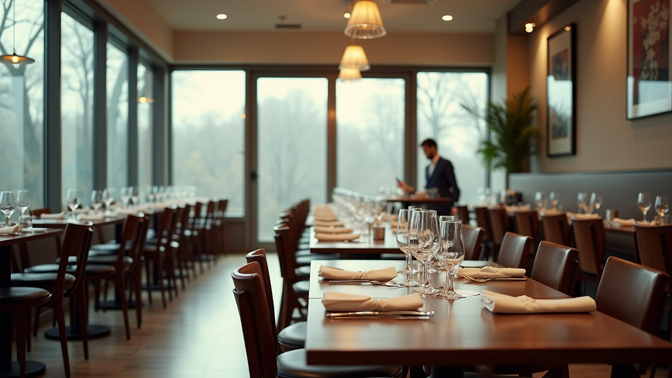 High angle view of a restaurant dining area with clean tables and chairs