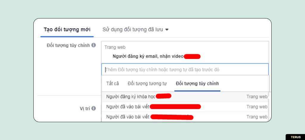 Tạo quảng cáo mới, sử dụng pixel để gọi ra tệp khách hàng