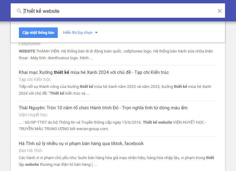 Bảng kết quả của Google Alert
