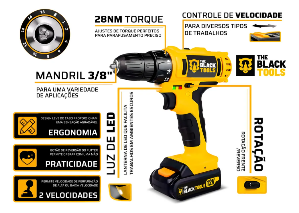 Furadeira Parafusadeira The Black Tools 12V