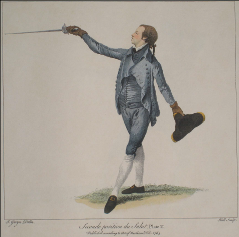 Ein Fechter salutiert in Domenico Angelos Buch "The School of Fencing"