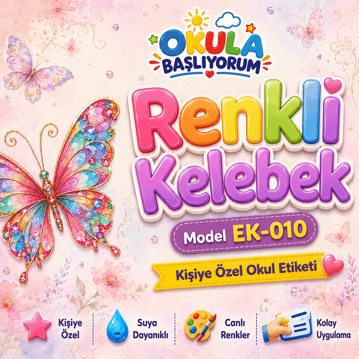Renkli Kelebek Kişiye Özel Okul Etiketi – EK-010