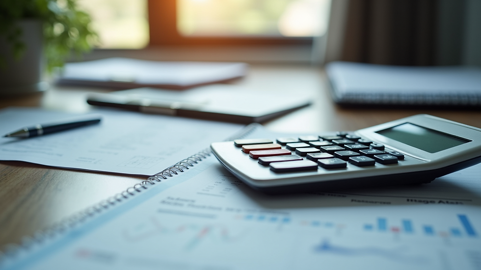 Close-up view of calculator and financial documents on a desk