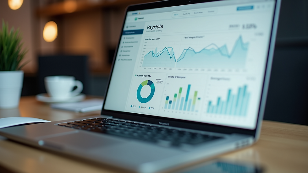 Eye-level view of a laptop screen showing payroll software dashboard