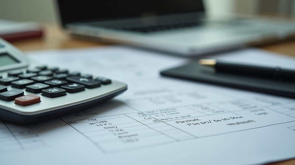 Close-up view of a calculator and payroll documents on a desk