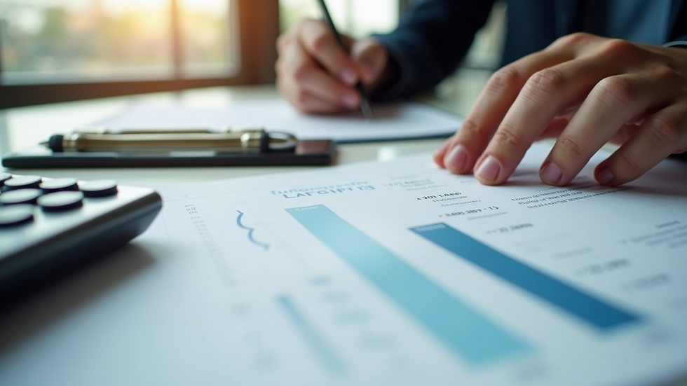 High angle view of a desk with financial planning documents and calculator