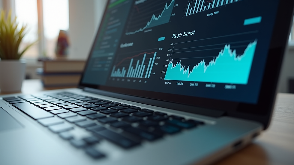 Close-up view of a laptop screen displaying financial analytics dashboard