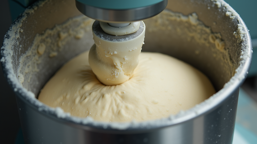 Close-up view of dough being kneaded inside a professional dough mixer