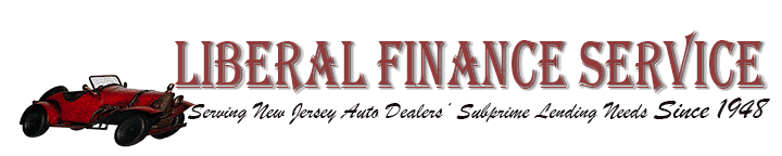 Liberal Finance Service Logo with Caption Serving New Jersey Auto Dealers Subprime Lending Needs Since 1948 and Red Convertible Car Drawing