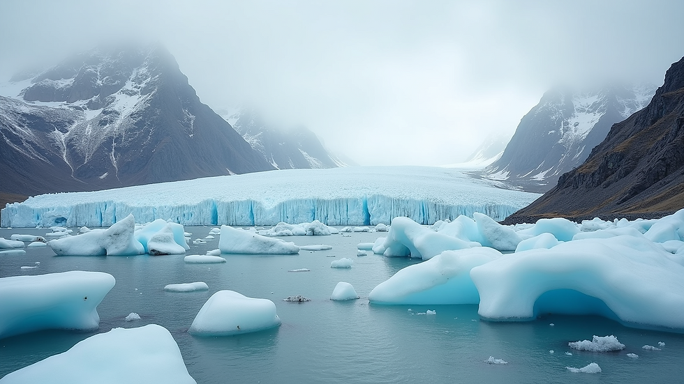 Wide angle view of icy glaciers and snowy mountains in Svalbard