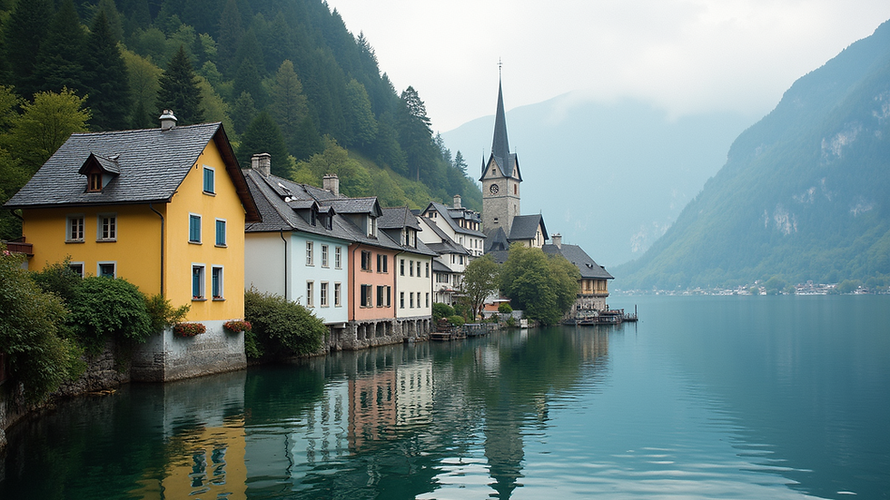 Eye-level view of pastel-colored houses along a lake in Hallstatt