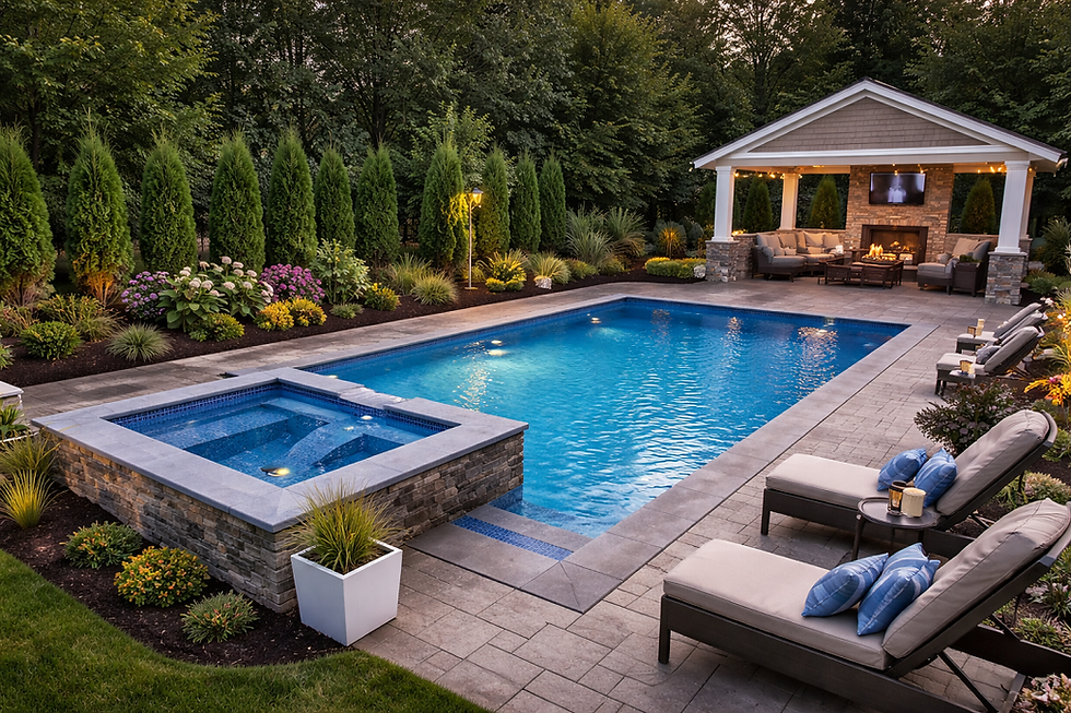 Blurred view of a serene pool with clear blue water, surrounded by greenery and a house patio. Sunny day with a relaxed atmosphere.