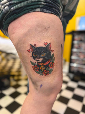 American traditional black cat tattoo. Done in the best tattoo studio in Sheffield with cheap price and great vibes