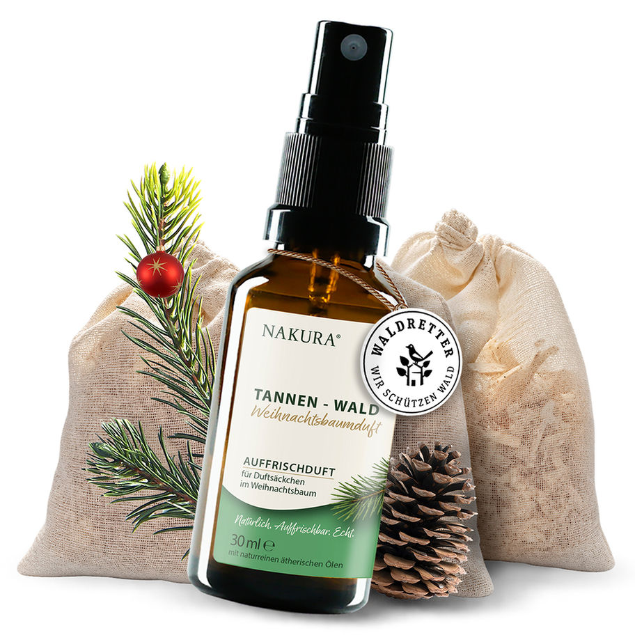 NAKURA TANNEN–WALD Tannenduft für künstlichen Weihnachtsbaum mit 30 ml Auffrischduft und 3 Zirbenduftsäckchen