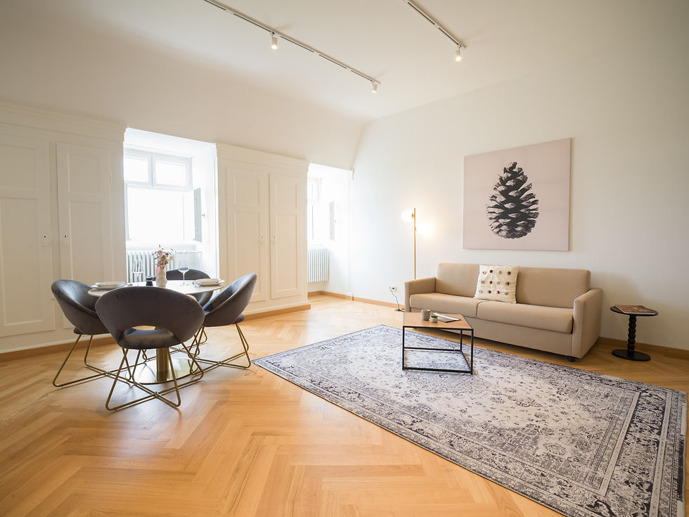 Wohnung N°304 im Erlenbad Resort: großzügiger Wohnbereich mit Schlafsofa, Essbereich, Teppich, Stehlampe und Parkettboden in heller Atmosphäre.