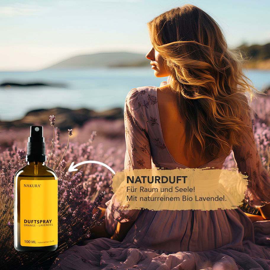 NAKURA Duftspray 100ml Orange-Lavendel, naturreine ätherische Öle, frischer Zitrusduft kombiniert mit beruhigendem Lavendel f