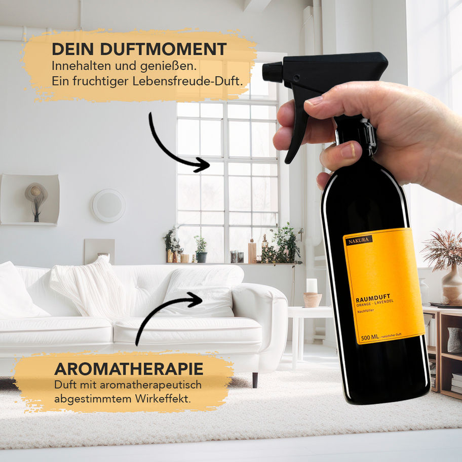 NAKURA Duftspray 500ml Orange-Lavendel, ideal zur natürlichen Beduftung größerer Räume, mit frischem Orangenduft und beruhige