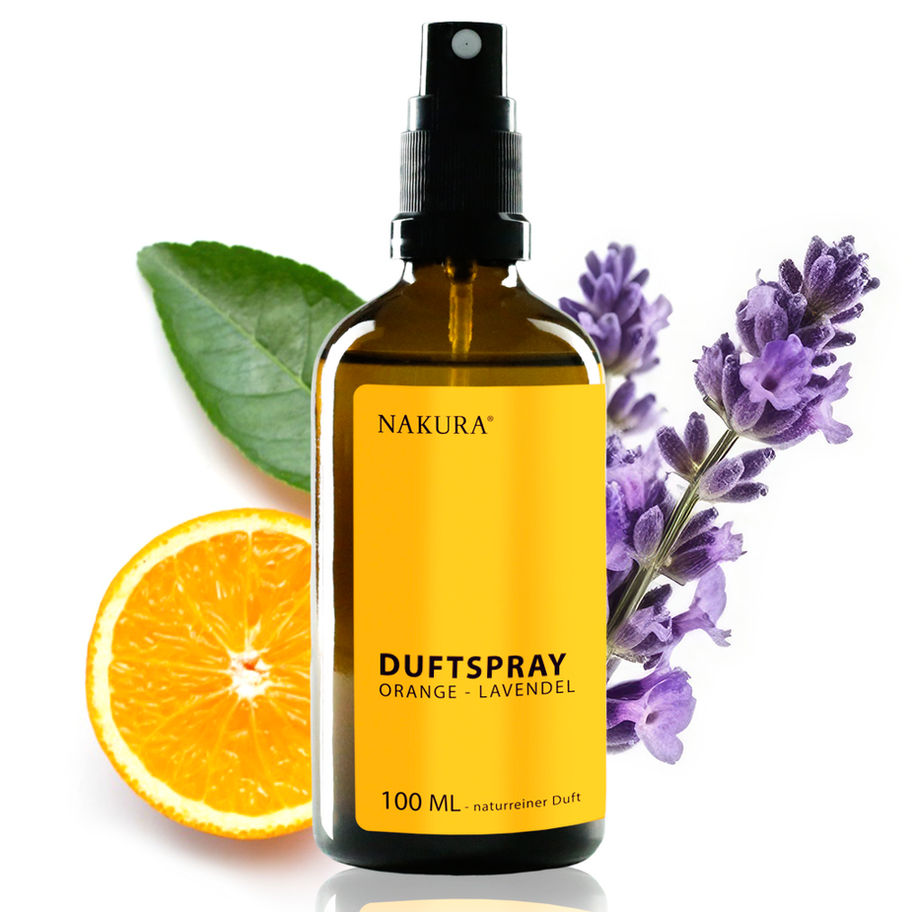 NAKURA Duftspray 100ml Orange-Lavendel, naturreine ätherische Öle, frischer Zitrusduft kombiniert mit beruhigendem Lavendel f