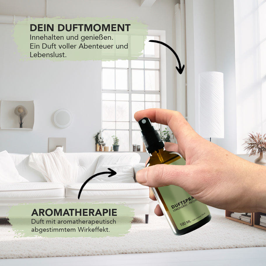 NAKURA naturreines Duftspray Lemongras-Patchouli, erhältlich in 100ml und 500ml, mit frischen Zitrus- und erdigen Noten für e