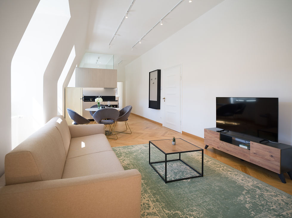 Wohnung N°308 im Erlenbad Resort: heller Wohnbereich mit Schlafsofa, TV, Couchtisch, Essplatz, Dachfenstern und Parkettboden.