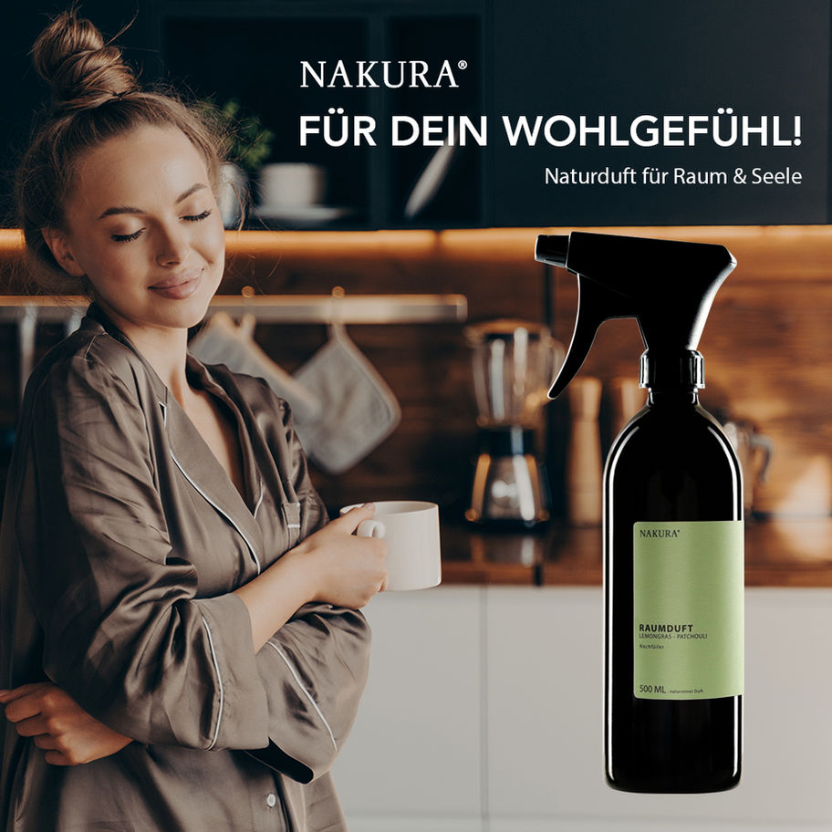 NAKURA naturreines Duftspray Lemongras-Patchouli, erhältlich in 100ml und 500ml, mit frischen Zitrus- und erdigen Noten für e