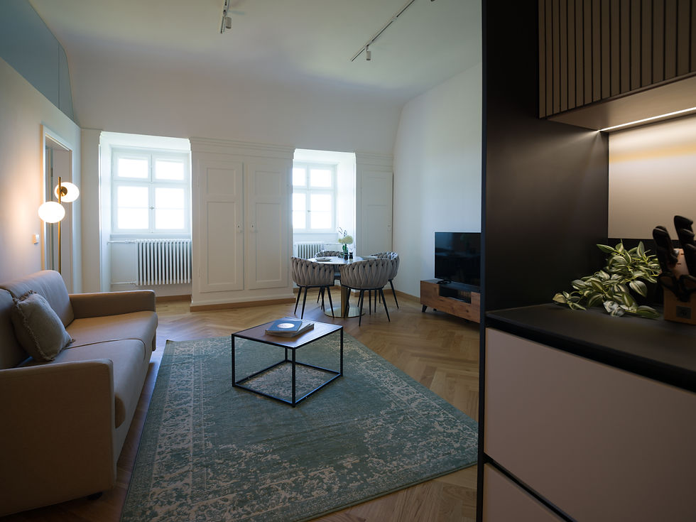 Wohnung N°307 im Erlenbad Resort: heller Wohnbereich mit Schlafsofa, Essplatz, TV, Küchenzeile, Parkettboden und großen Fenstern.