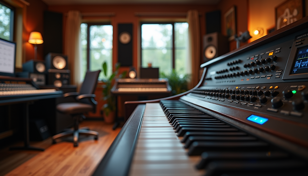 Music studio with a synthesizer, speakers, and a computer. Warm lighting, wooden floors, and a cozy ambiance. Visible text on the display.