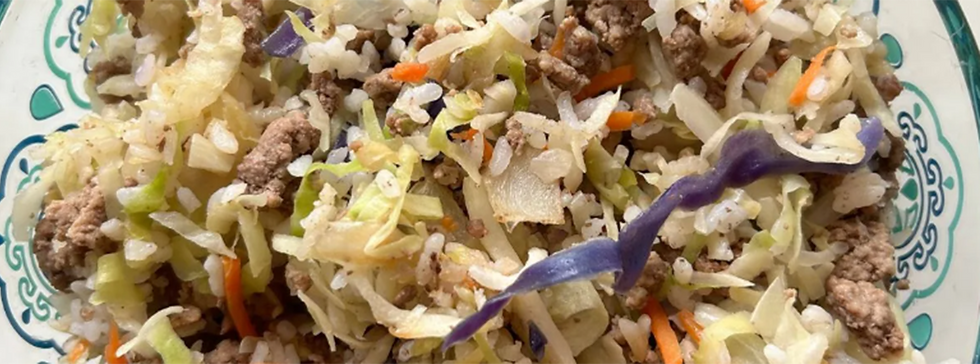 Allergy-friendly beef fried rice with cabbage and carrots. Recipe and image by Nut Free Wok.
