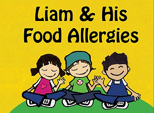 Book cover with three little kids sitting crossed legged next to each other on green grass underneath the title of the book which is "Liam & His Food Allergies." Book is by author Bumble Bee Betty. Available for purchase on Amazon.