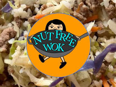 Allergy-friendly beef Friend Rice with Cabbage and Carrots. Nut Free Wok Logo superimposed on fried rice dish. Recipe and Image from Nut Free Wok.