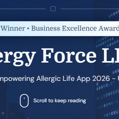 Banner: Acquisition International recognizes the Allergy Force food allergy app as the 'Most Empowering Allergic Life App 2026 - USA'. 