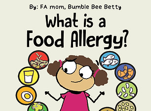 Book cover with a little girl stick figure with brown hair in pigtails and a bright pink shirt. She is surrounded by major food allergens floating in bubbles under the title of the book which is "What is a Food Allergy?" Author is Food Allergy Mom, Bumble Bee Betty. Available for purchase on Amazon.