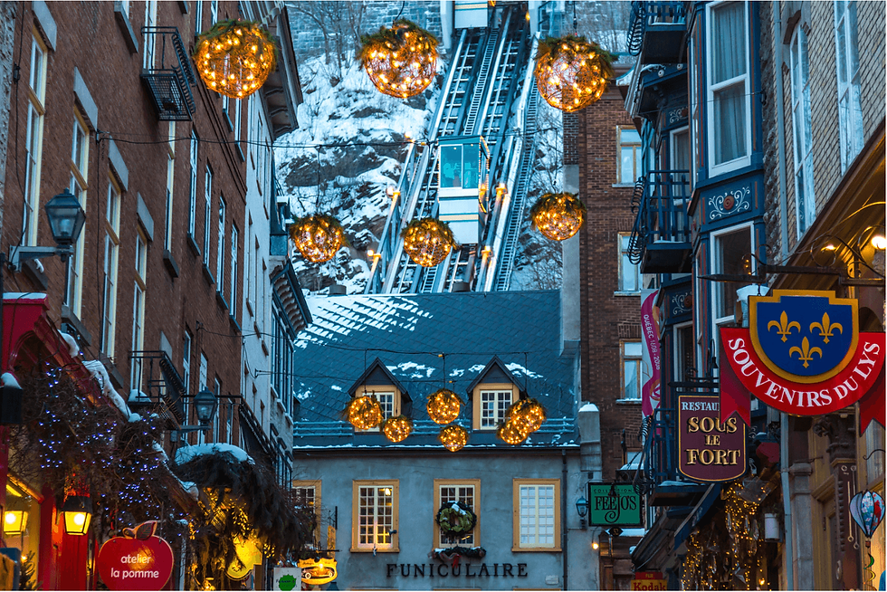 Holiday lights and decorations in Quebec City's Petit-Champlain District, with the Old Quebec Funicular in the background on a snowy winter evening