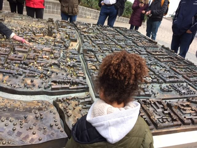 Loreva @ the main city square of Ban Josip Jelačić and Kaptol.She is looking at the Bronze scale model of the city of Zagreb.It is 3.65 meter long and 3.55 meter wide .It is called “Zagreb Welcomes You” and, it displays all of the most important historic landmarks and tourist attractions in the city centre.