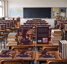 Firefly_Gemini Flash_-A School classroom full of desk. on the desk sits stacks of books f