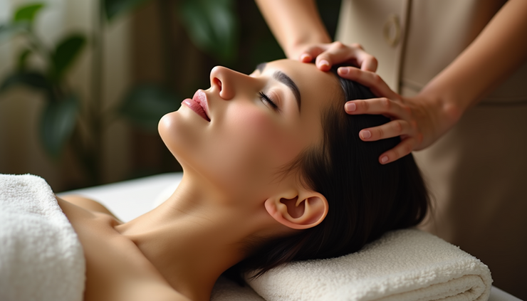 Close-up view of a person receiving Indian head massage focusing on the scalp and neck