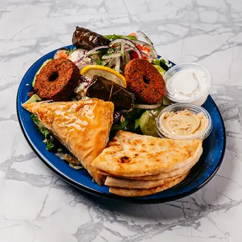 spanakopita, pita bread, falafel, greek salad, dolmades, hummus, and tzatziki