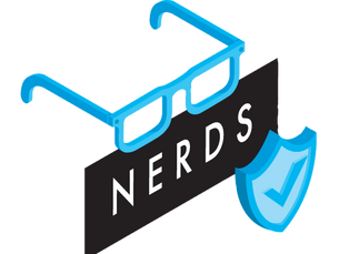Blue glasses above a black sign reading NERDS, with a blue shield checkmark icon on the right.