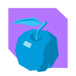 Stylized blue apple icon with a stem and leaf, set against a purple geometric background