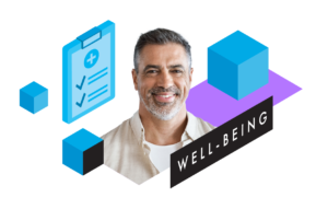 Smiling man beside medical checklist and blue cubes, with WELL-BEING text on a purple arrow, suggesting health and optimism
