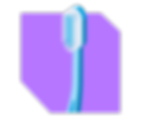 Stylized blue-and-white toothbrush on a purple geometric background, shown upright with clean, simple lines.