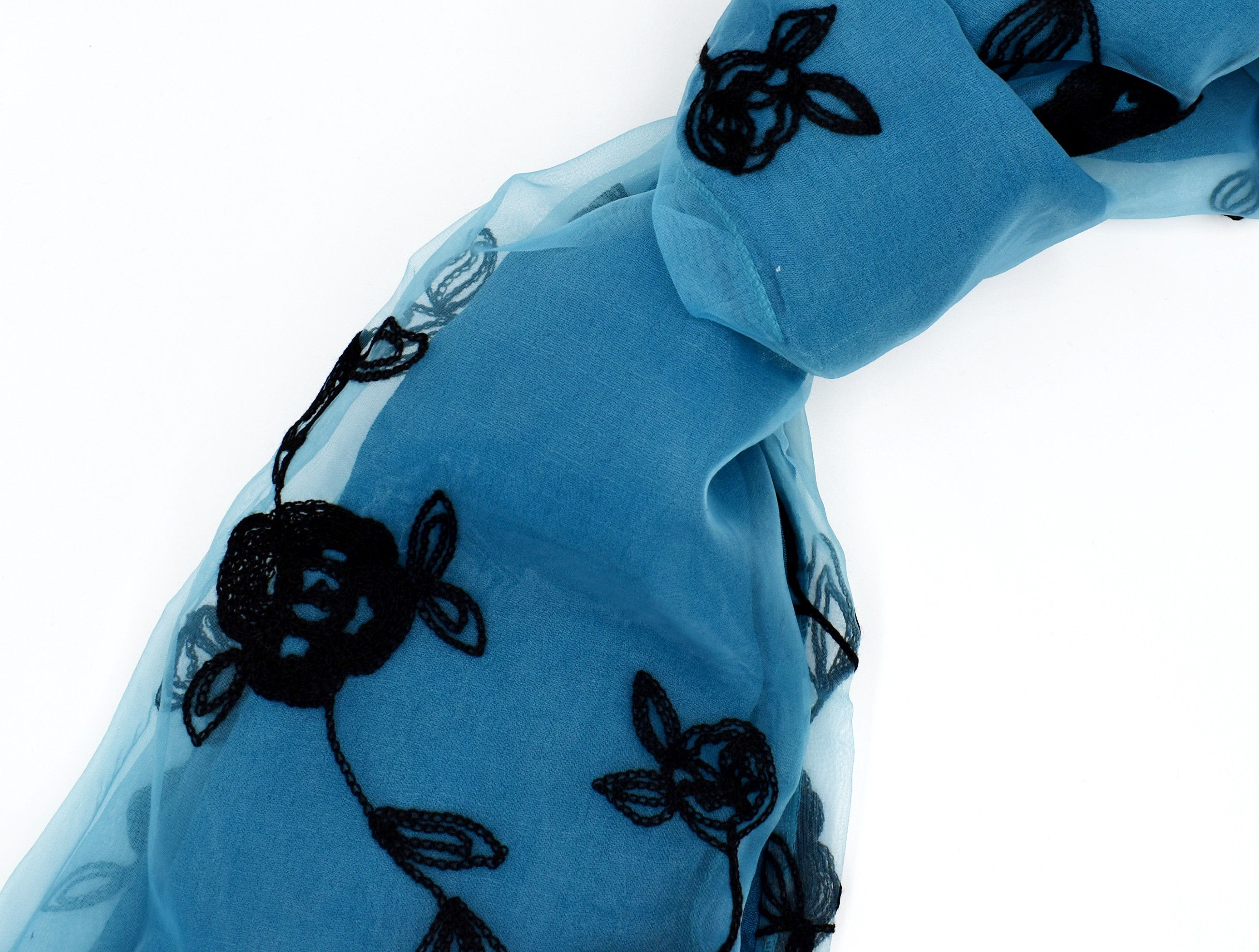 Scarf - Double layered Rose embroidered -Blue