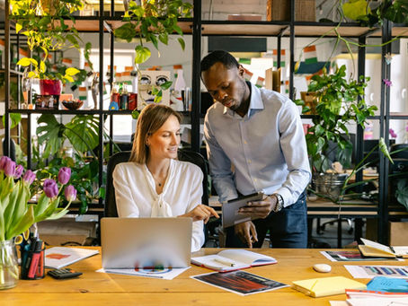 Professionals working in an office with plants in the background.