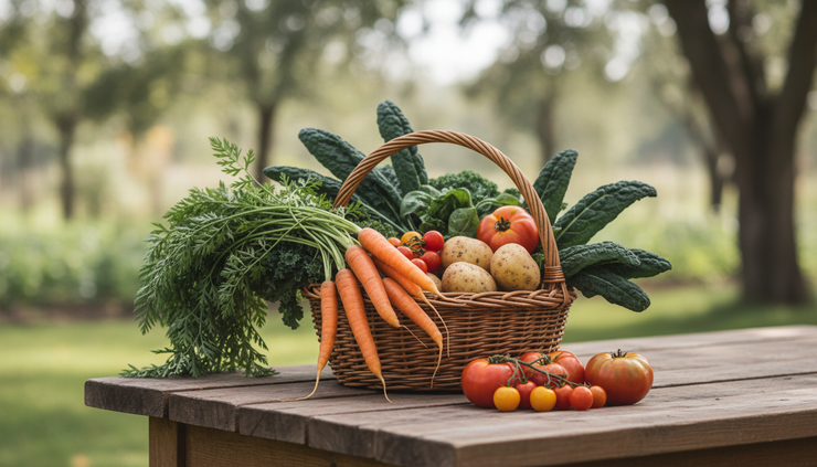Vue à hauteur des yeux d’un panier de légumes biologiques posé sur une table en bois.