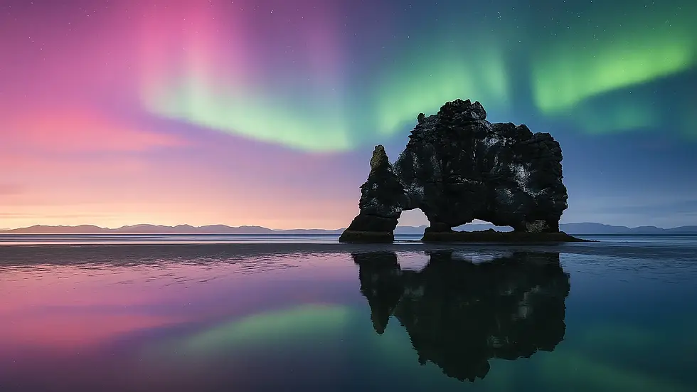 Northern Lights over Hvítserkur rock in Iceland, featured on our exclusive private tours i